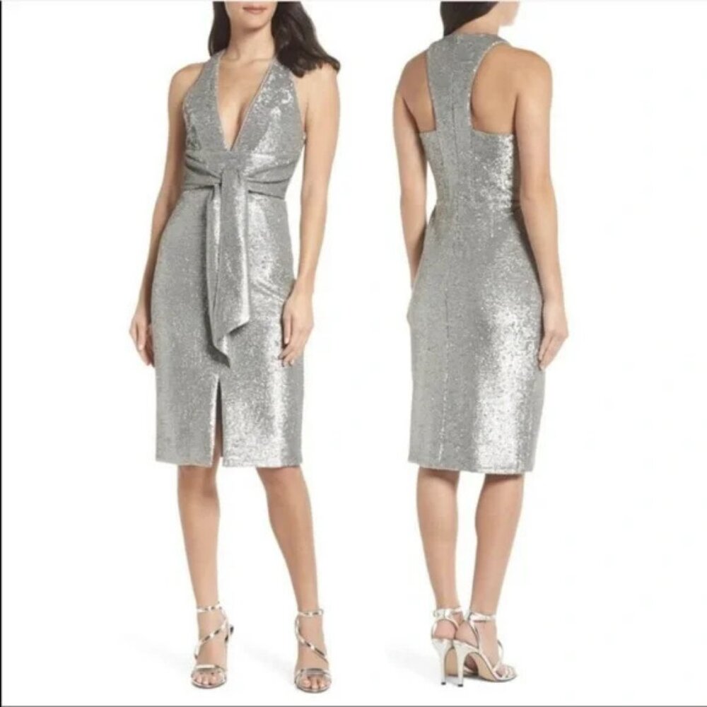 NWT HARLYN Plunge Halter Neck Sequin Midi Silver Dress Sz XS
